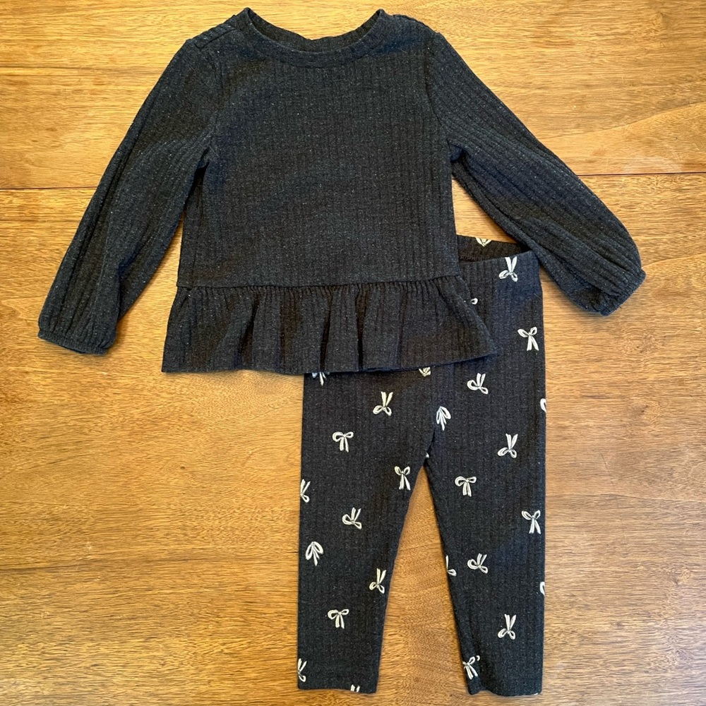 Black Ribbed Top and Bow Leggings Set